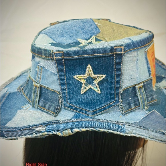 Levi’s Denim Cowboy Hat | Unisex Western Patchwork | Optional Rhinestone Stars - Picture 7 of 8